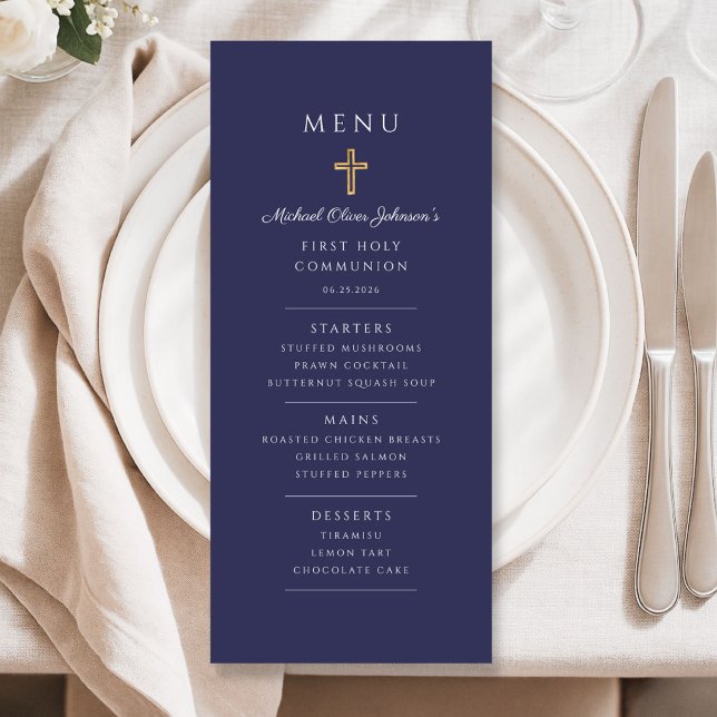 Menu Primeira Comunhão de Menino Azul Marinho Elegante (Elegant Navy Blue Boy First Communion Menu)