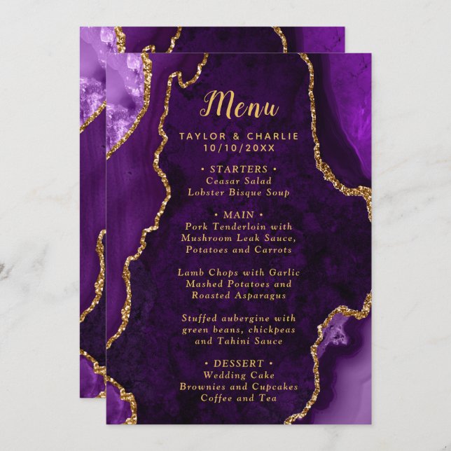 Menu Purple and Gold Agate Marble Wedding (Frente/Verso)