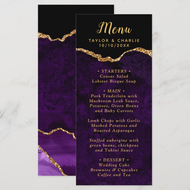 Menu Purple and Gold Agate Marble Wedding (Frente/Verso)