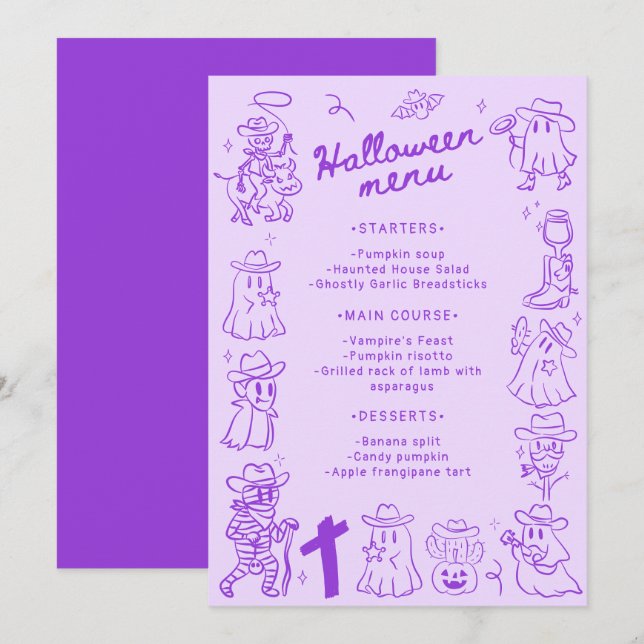 Menu Purple Quirky Halloween Desenhou Doodles De Mão Ro (Frente/Verso)