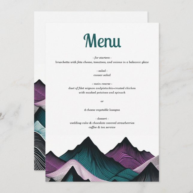 Menu Púrpura e Teal Mountain (Frente/Verso)