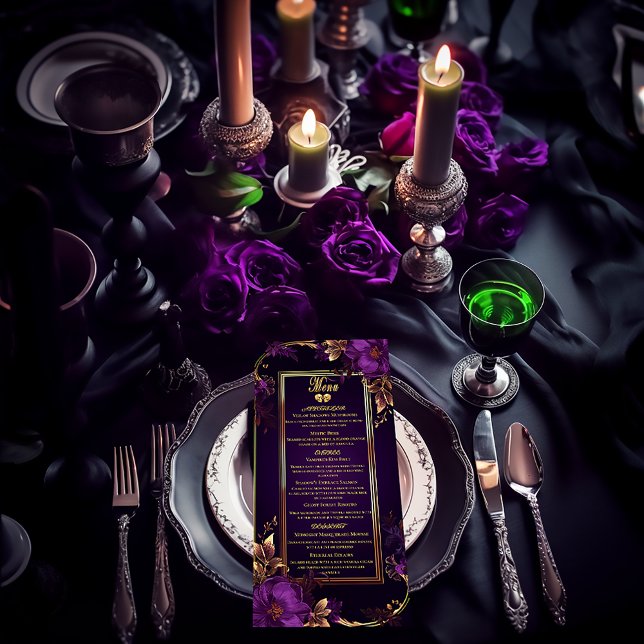 Menu Púrpura Gótica Elegante e Casamento Dourado (Elegant Vintage Gothic Purple and Gold Stylish Moody Wedding Menu)