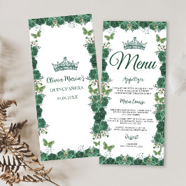 Menu Quinceañera Emerald Green Borboletas Florais Tiara