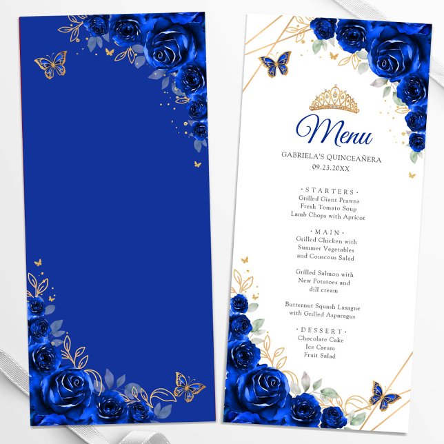 Menu Quinceanera Floral Dourada Real Azul (Criador carregado)