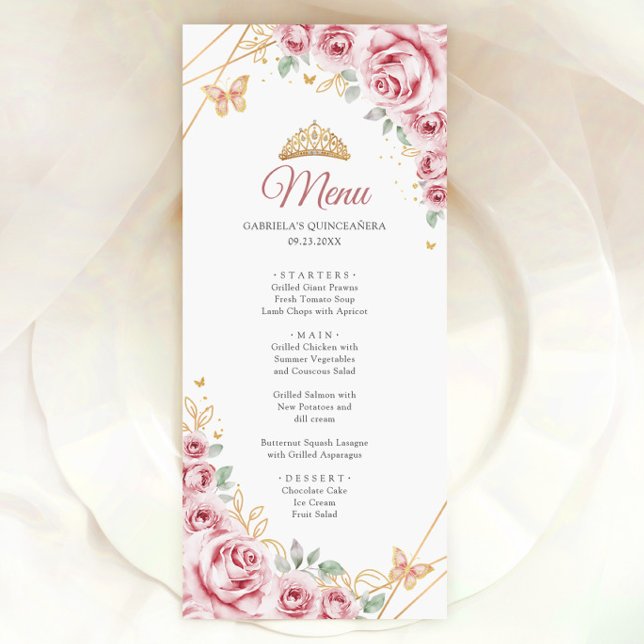 Menu Quinceanera Floral Dourada rosa (Criador carregado)