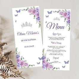 Menu Quinceañera Purple Lilac Floral Tiara Borboletas