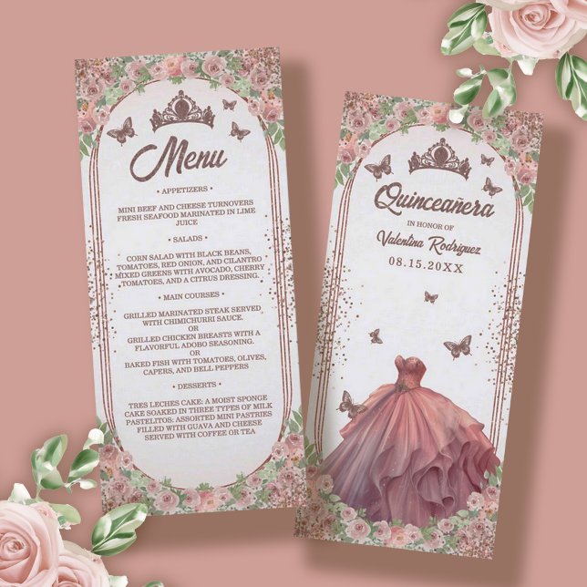 Menu Quinto-Cânera Floral Cor-de-Água Rosa Esbranquiçad (Elegant Rose Gold Glitter Floral Quinceanera Menu)
