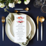 Menu Radiant Romance Floral Wedding<br><div class="desc">Este menu de casamento Blush Romance apresenta o texto "Menu" enquadrado por flores de aquarela em burgundy, coral e rosa escamoso, acentuado com folhas botânicas verdes e folhagem. Basta editar as caixas de texto para personalizar. A cor no verso do menu pode ser alterada no editor. Projetado para você pelo...</div>