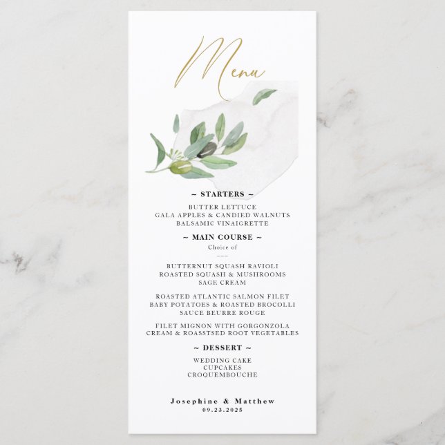 Menu Ramo de Oliveira Botânico Elegante em Caligrafia (Frente)