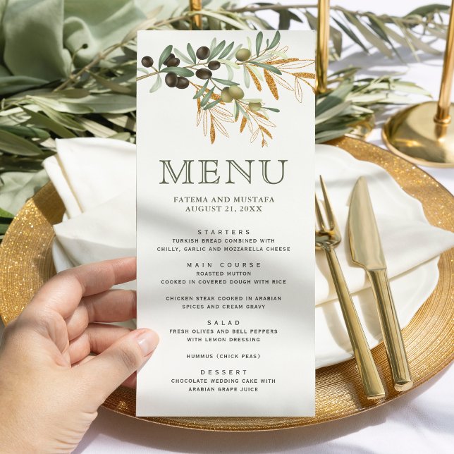 Menu Ramo Dourado de Folhas de Oliveira Casamento (Criador carregado)