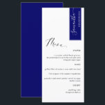 Menu Real Azul, Personalizado com Nome de Convidado Ele<br><div class="desc">Porquê gastar cartões de lugar e cartões de menu quando pode ter um Menu elegante All-in-one elegante personalizado com cada nome de convidado, ou o nome de convidado de honra! Design contemporâneo, simples e elegante com uma bela caligrafia escrita à mão. Stripe no canto superior direito em tom azul real...</div>
