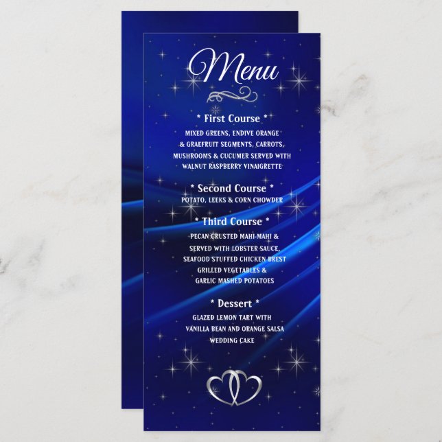Menu Real Blue Diamantes e Corações de Casamento (Frente/Verso)
