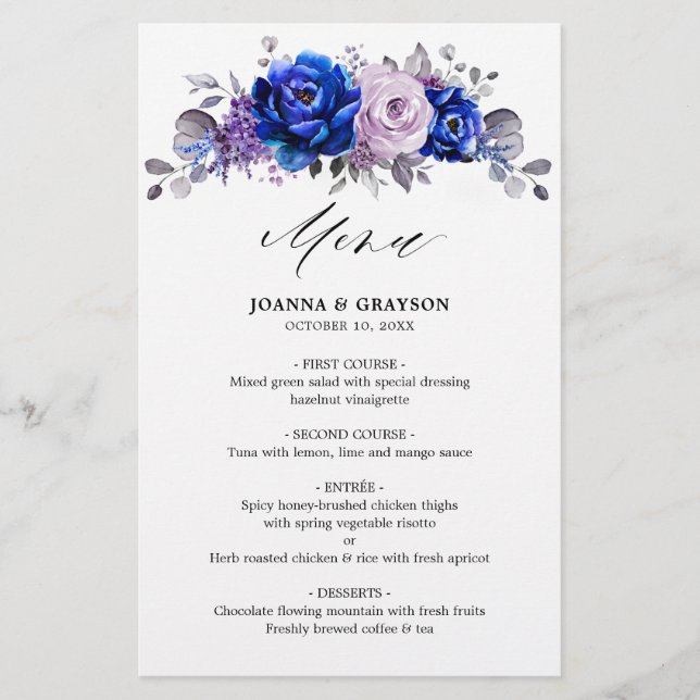 Menu Real Blue Lilac Purple Floral Weding (Frente)