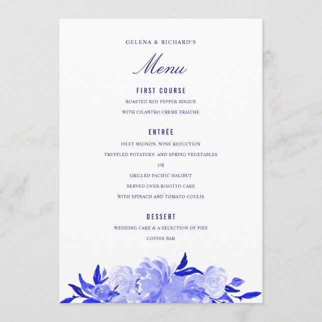 Menu Real Blue/White Watercolor Florals (Frente)
