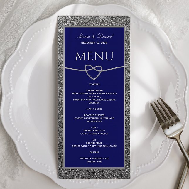 Menu Real de Casamento Azul Silver Glitter (Criador carregado)