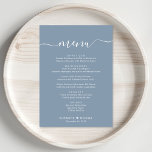 Menu Recepção de casamento Azul Dusty de Script Elegant<br><div class="desc">Menu de janto de recepção de casamento azul empoeirado com "menu" em um roteiro de caligrafia branca com baloiços,  seu menu personalizado em uma simples tipografia branca,  seus primeiros nomes unidos por um coração e sua data de recepção.</div>