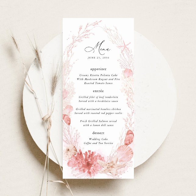 Menu Recepção de Casamento Blush Beach Costeiro com Con (Blush coastal wedding menu beach menu card pink seashell elegant destination wedding stationery)