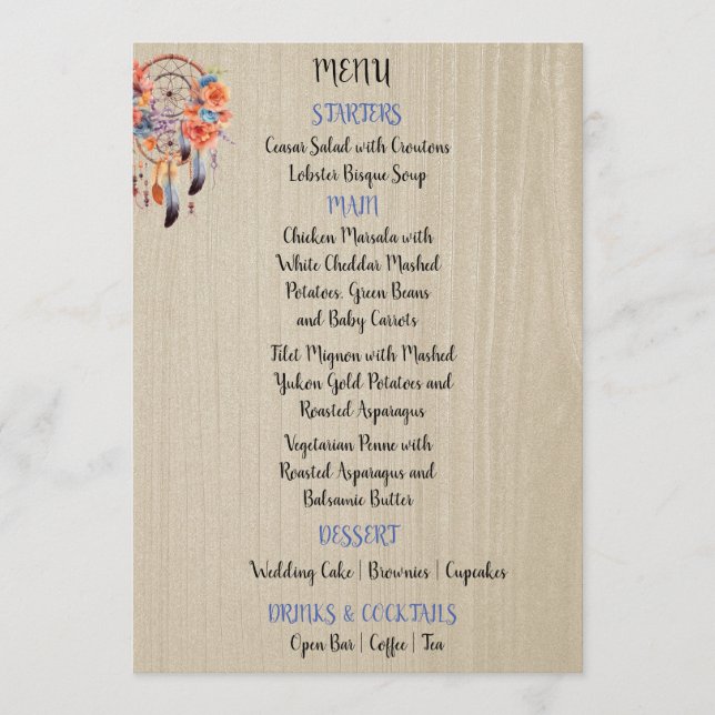 Menu Recepção de casamento Boho Dream Catcher 5X7 (Frente)