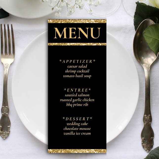 Menu Recepção de casamento brilhante Dourada e preta (Black & Gold Glitter Wedding Reception Menu)