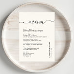 Menu Recepção de casamento Chic Script Cream<br><div class="desc">Menu de janto de recepções de casamento de chic creme com "menu" em um roteiro de caligrafia com baloiços,  seu menu personalizado em uma simples tipografia moderna,  seus primeiros nomes unidos por um coração e sua data de recepção.</div>