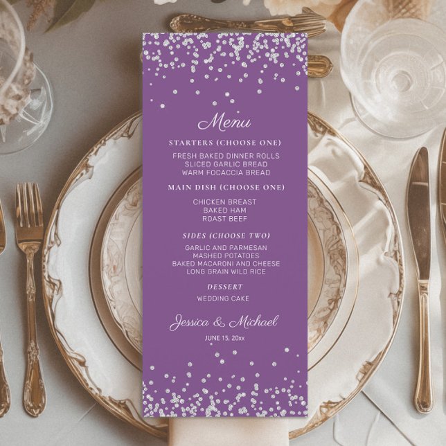 Menu Recepção de Casamento com Brilho Prata Roxo (Purple wedding menu with silver glitter)