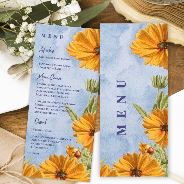 Menu Recepção de Casamento com Jantar Aquarela de Giras (Watercolor Sunflower Wedding Menu Card Summer Countryside Reception Dinner Menu)