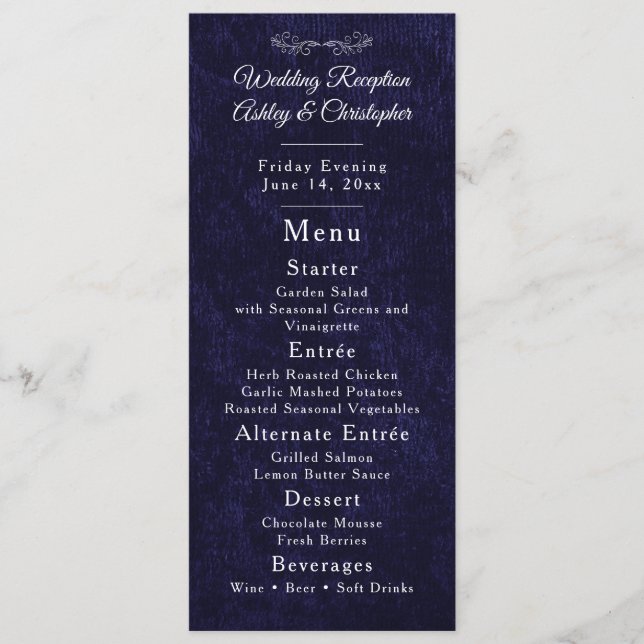 Menu Recepção de Casamento com Letra Branca Azul Naval  (Frente)