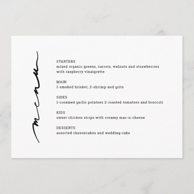 Menu Recepção de casamento com Letra Chic Mão (Frente)