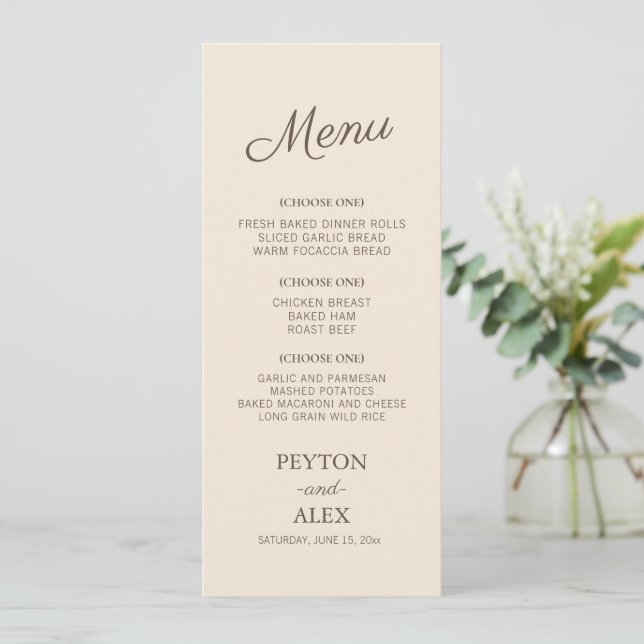Menu Recepção de Casamento com Letra Cursiva Moderna Cr (Em pé/Frente)