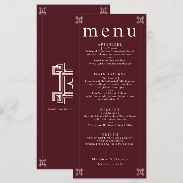 Menu Recepção de Casamento com Roseta Burgundy e Greek  (Frente/Verso)