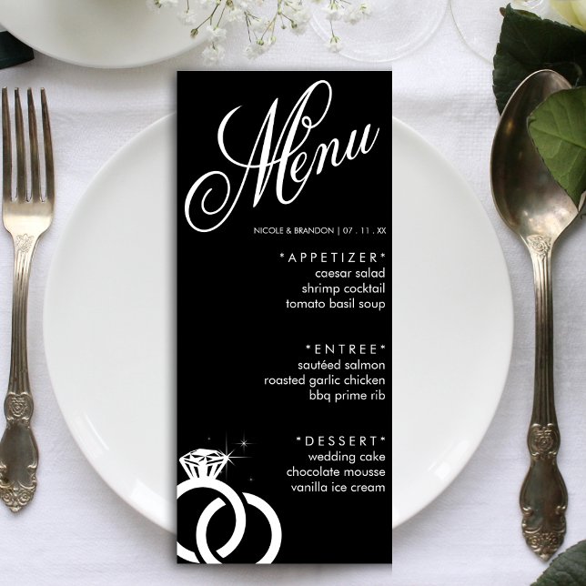 Menu Recepção de casamento de Anel de Diamante Preto e  (Black & White Diamond Ring Wedding Reception Menu)