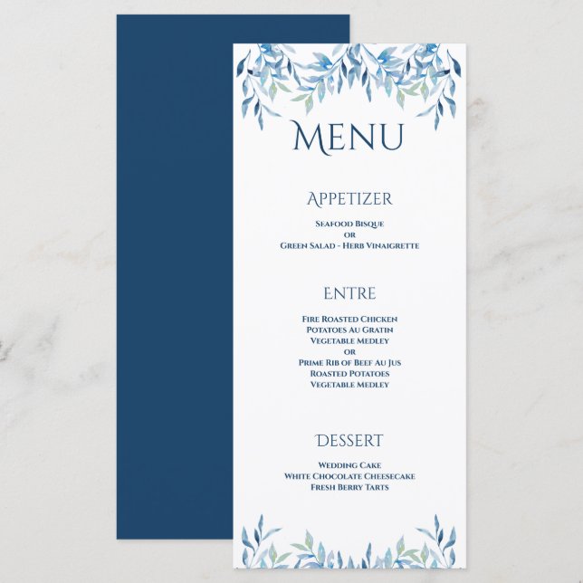 Menu Recepção de casamento de Aquarela Azul Selvagem (Frente/Verso)