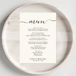 Menu Recepção de casamento de Creme de Script Elegante<br><div class="desc">Janto elegante de recepção de casamento de creme leve com "menu" em um roteiro de caligrafia com picos,  seu menu personalizado em uma simples tipografia moderna,  seus primeiros nomes unidos por um coração e sua data de recepção.</div>