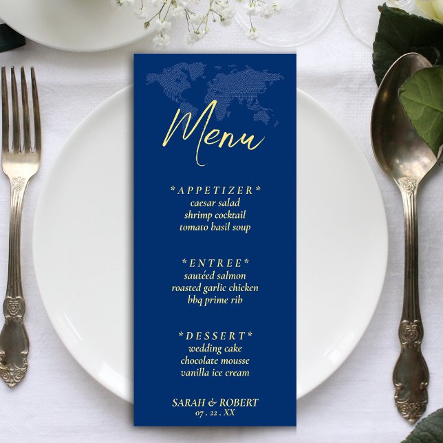 Menu Recepção de Casamento de Destino do Mapa do Mundo  (Blue World Map Destination Wedding Reception Menu)