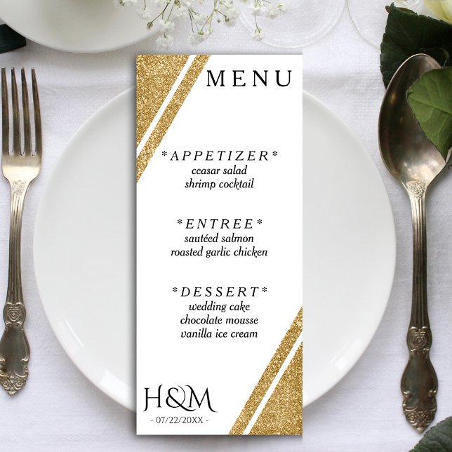 Menu Recepção de casamento de faixa branca e Dourada de (White & Gold Glitter Corner Stripe Wedding Reception Menu)