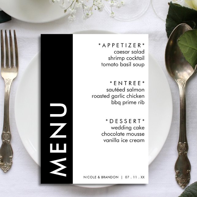 Menu Recepção de casamento de faixa lateral branca e pr (Black & White Side Stripe Wedding Reception Menu)