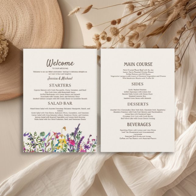 Menu Recepção de casamento de flores silvestres (Watercolor wildflowers wedding reception 5"x7" menu)
