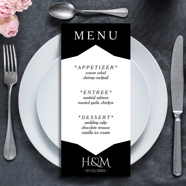 Menu Recepção de casamento de Janto Geométrico Preto e  (black and white wedding menu)