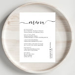 Menu Recepção de casamento de Script Chic<br><div class="desc">Menu de janto de recepção de casamento com "menu" em um roteiro de caligrafia na moda com alternâncias,  seu menu personalizado em simples tipografia moderna,  seus primeiros nomes unidos por um coração e sua data de recepção.</div>