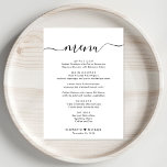 Menu Recepção de casamento de Script Elegante<br><div class="desc">O menu janto de recepção de casamento elegante com "menu" em um roteiro de caligrafia com picos,  seu menu personalizado em uma simples tipografia,  seus primeiros nomes unidos por um coração e sua data de recepção.</div>