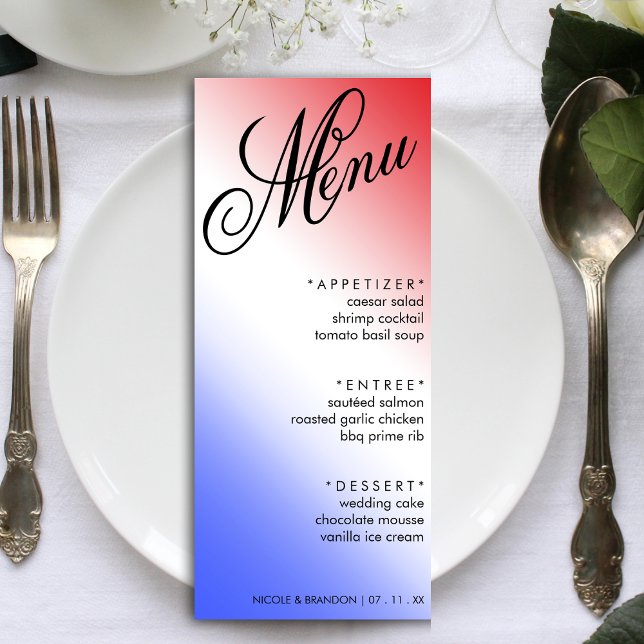Menu Recepção de casamento de Script Elegante Vermelho  (Red White & Blue Elegant Script Wedding Reception Menu)