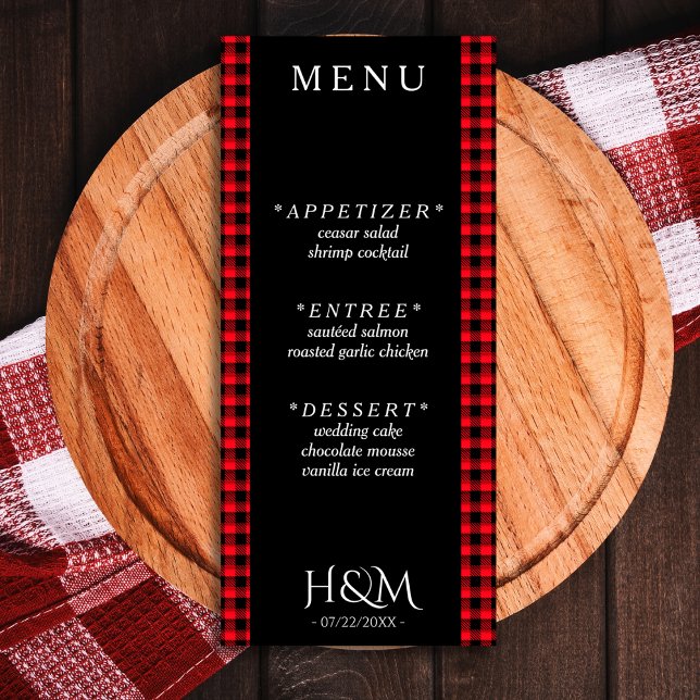Menu Recepção de casamento de Xadrez de Buffalo Vermelh (black and red buffalo plaid wedding menu)