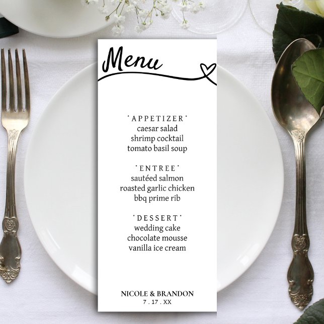 Menu Recepção de casamento do coração branco e Casal pr (White & Black Couple Heart Wedding Reception Menu)