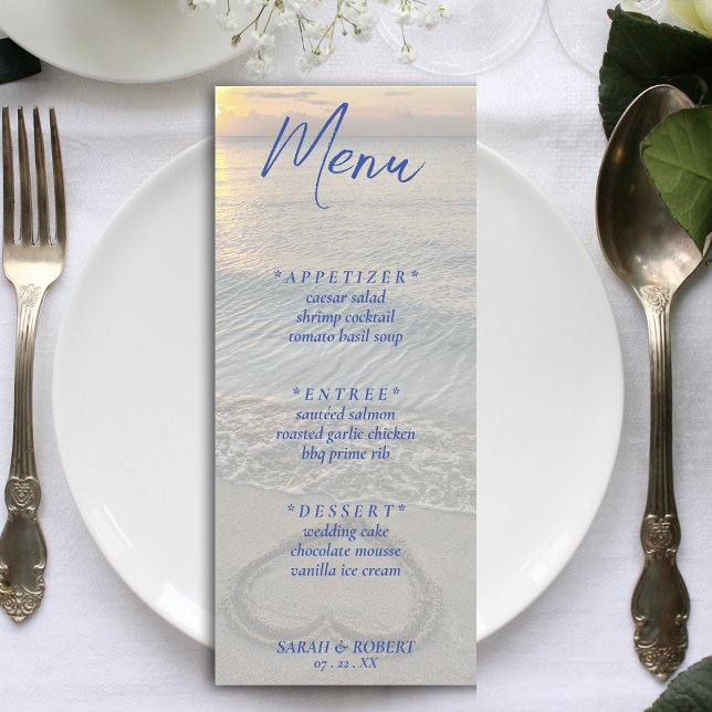 Menu Recepção de casamento do Coração da Areia de Praia (Blue Text Beach Sand Heart Wedding Reception Menu)