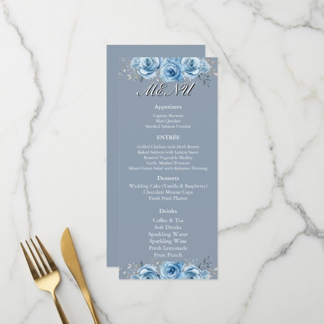Menu Recepção de Casamento Floral com Aquarela Azul Des (Frente/Verso In Situ)