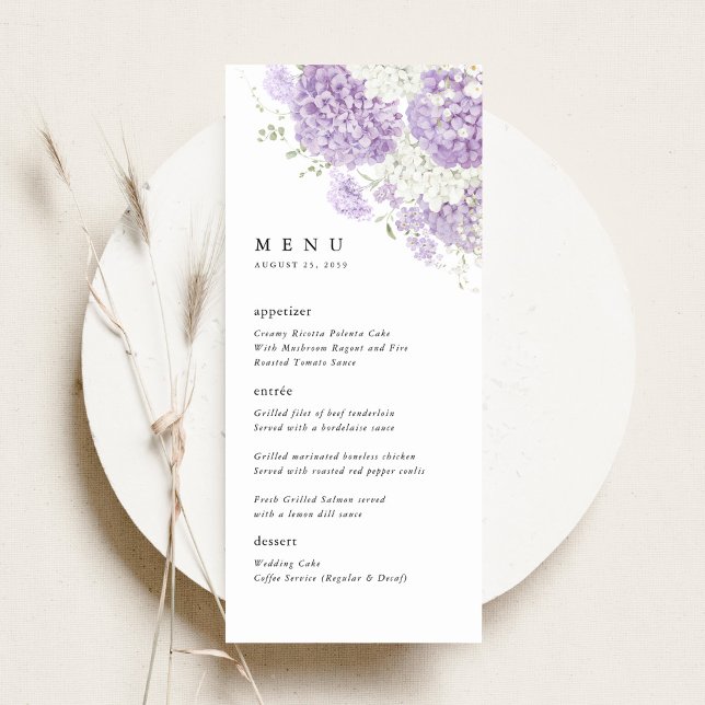Menu Recepção de Casamento Floral Lilás Lavanda Branco (Lavender lilac white hydrangea wedding menu, romantic watercolor floral reception table dinner menu)