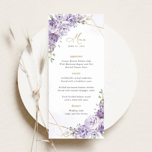 Menu Recepção de Casamento Geométrico Floral Lavanda Do (Lavender Floral Gold Geometric Wedding Menu Card, Elegant Purple Rose Reception Menu)