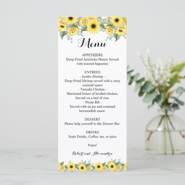 Menu recepção de casamento Girassóis (Em pé/Frente)
