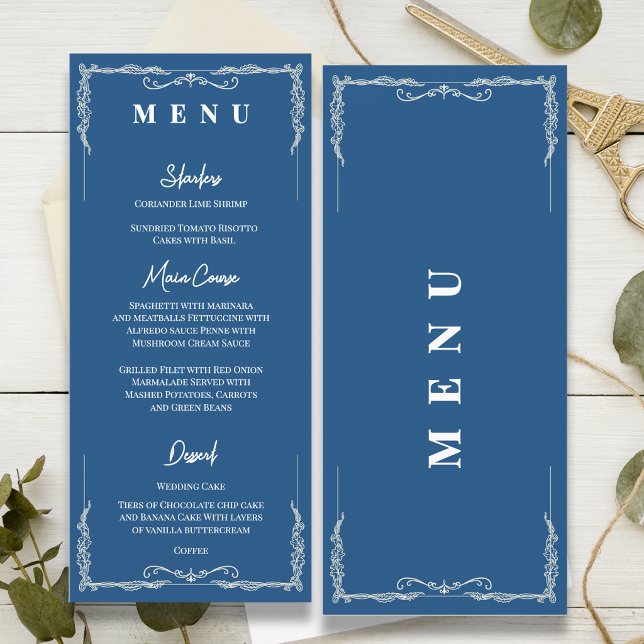 Menu Recepção de Casamento Gravata Preta Azul Empoeirad (Dusty Blue Wedding Menu Card Elegant Black Tie Wedding Menu Formal Reception Menu)