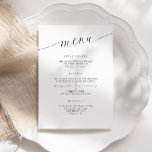 Menu Recepção de casamento Mínima Moderna Elegante<br><div class="desc">Apresentando nossos menus de casamento minimalistas modernos e elegantes - a combinação perfeita de simplicidade e sofisticação para seu dia especial. Esses menus apresentam uma design limpa e contemporânea que complementa qualquer tema de casamento, acrescentando um toque de elegância moderna à sua capa de mesa. O que os torna verdadeiramente...</div>